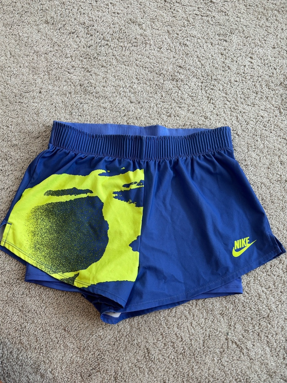 Nike Royal Blue Athletic Shorts with Neon Green Graphic, Women’s XS